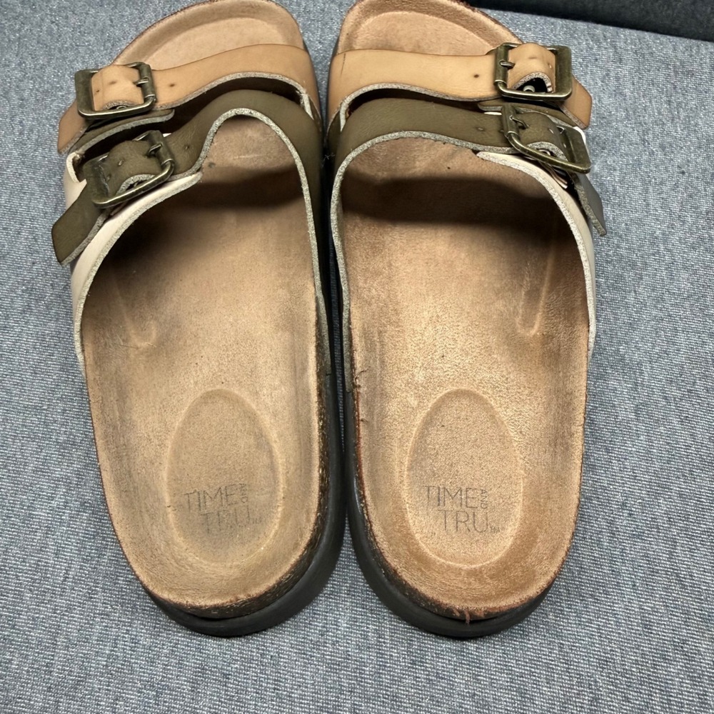 Double Strap‎ Comfort Sandals Slide Buckle Brown Time And Tru 8 - Picture 4 of 5